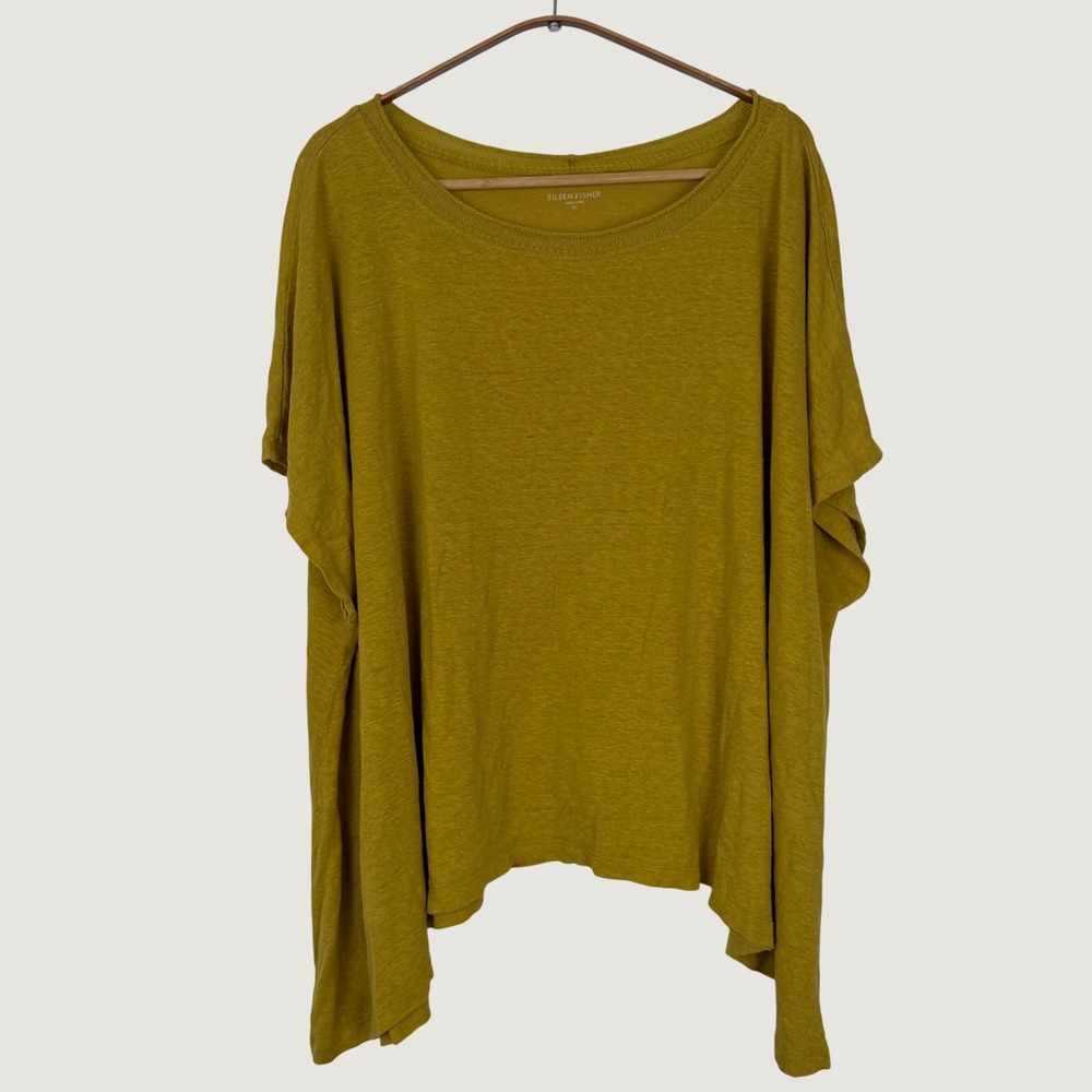 DAMAGE - Eileen Fisher Mustard Yellow 100% Linen Oversized Boxy Knit Top XL